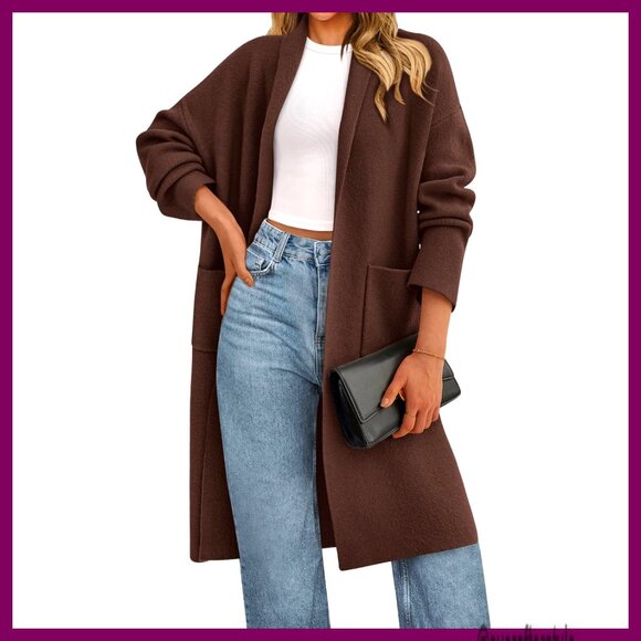 Oversized Long Sleeve Open Front Cardigan Sweater Chunky Knit Patch Pockets